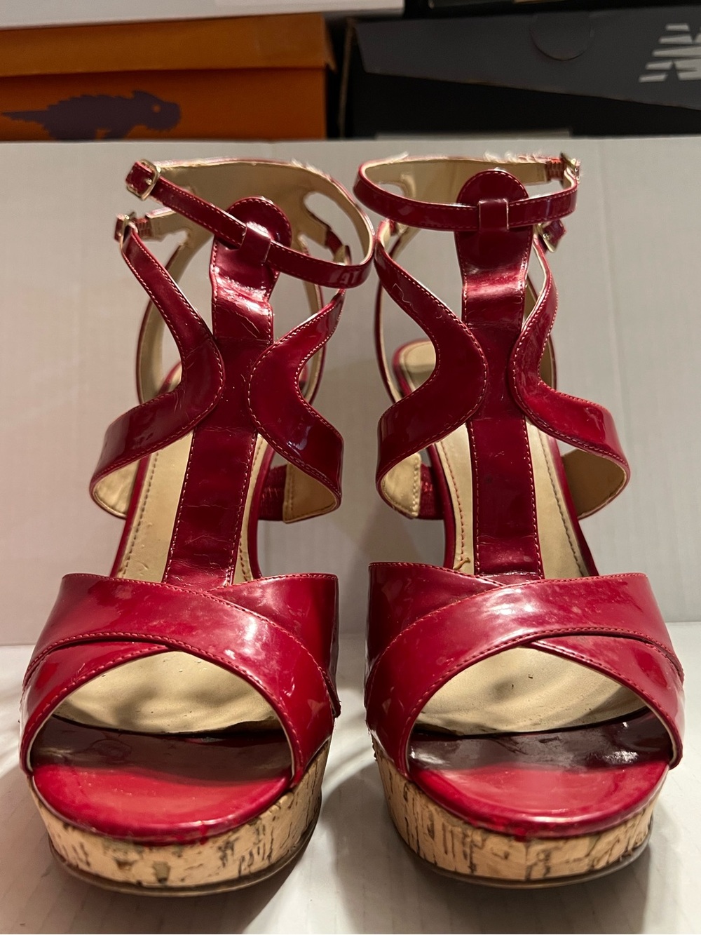 Guess Women’s platform sandals in red & faux cork